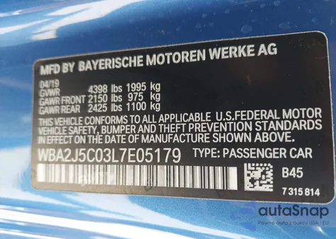 2020 BMW M240I from USA, damaged, VIN WBA2J5C03L7E05179